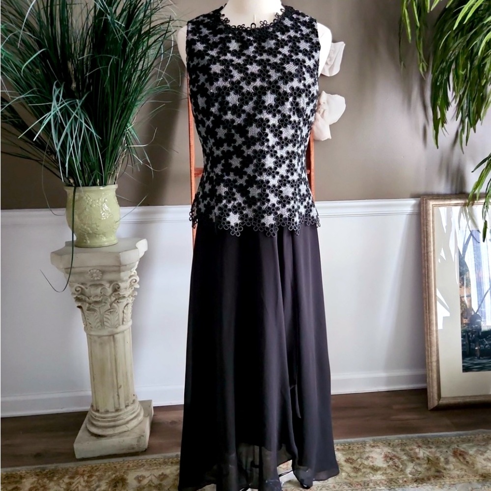 L.K. Bennett Johanna black and metallic silver floral print silk formal dress